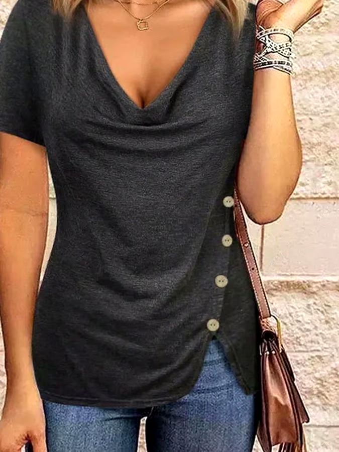 Women's Casual Solid Color Shirred Button Top Women's Casual Solid Color Shirred Button Top