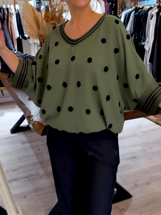 Women's Casual V-Neck Bat Sleeve Polka Dot Loose Top Women's Casual V-Neck Bat Sleeve Polka Dot Loose Top
