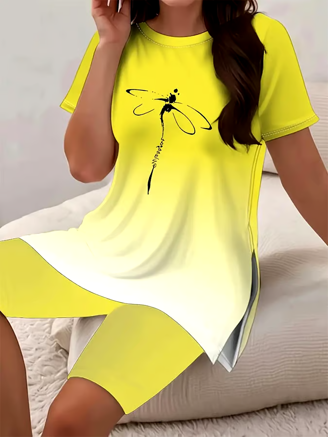 Women's Casual Round Neck Gradient Pattern Short Sleeve T-Shirt Shorts Set Women's Casual Round Neck Gradient Pattern Short Sleeve T-Shirt Shorts Set