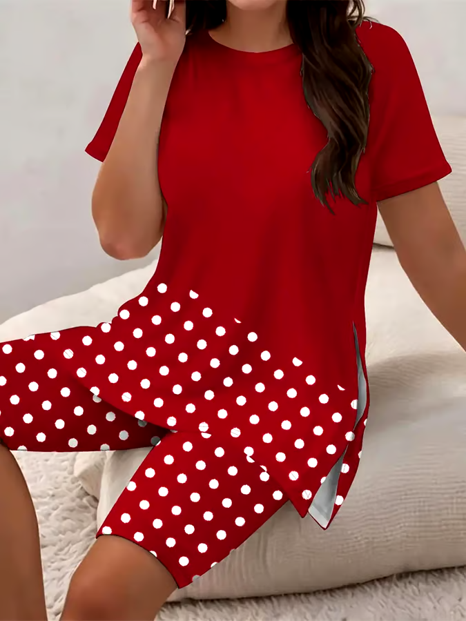 Women's Casual Round Neck Polka Dot Printed Short Sleeve T-Shirt Shorts Set Women's Casual Round Neck Polka Dot Printed Short Sleeve T-Shirt Shorts Set