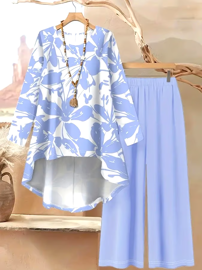 Women's Casual Printed Irregular Hem Top and Pants Two-Piece Set Women's Casual Printed Irregular Hem Top and Pants Two-Piece Set