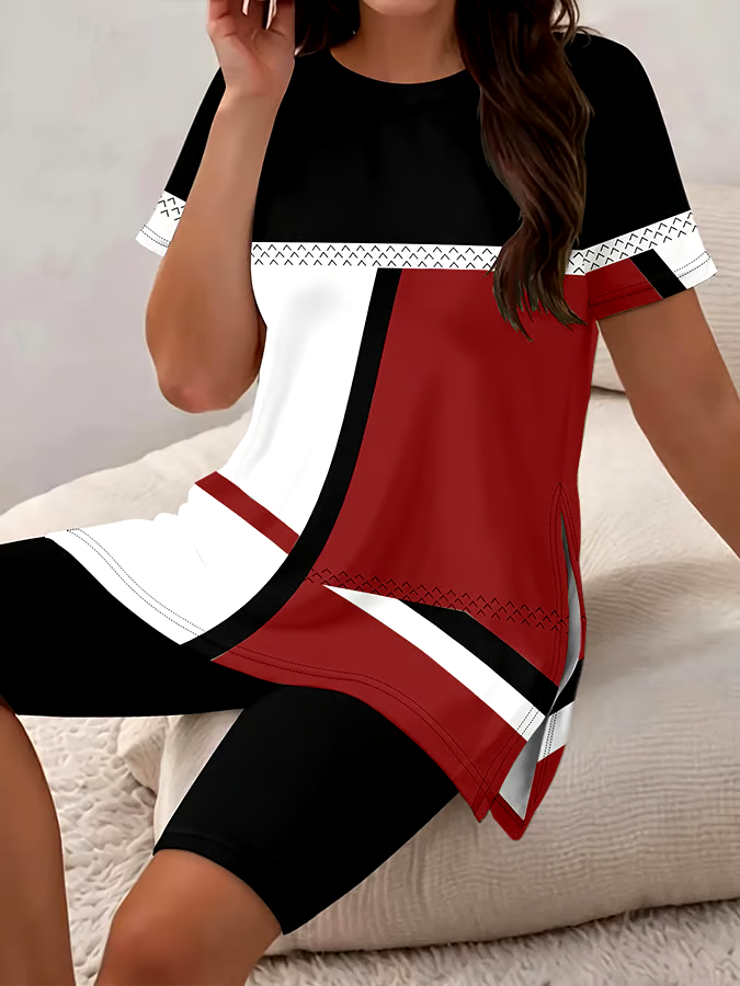 Women's Casual Round Neck Print Short Sleeve T-Shirt Shorts Set Women's Casual Round Neck Print Short Sleeve T-Shirt Shorts Set