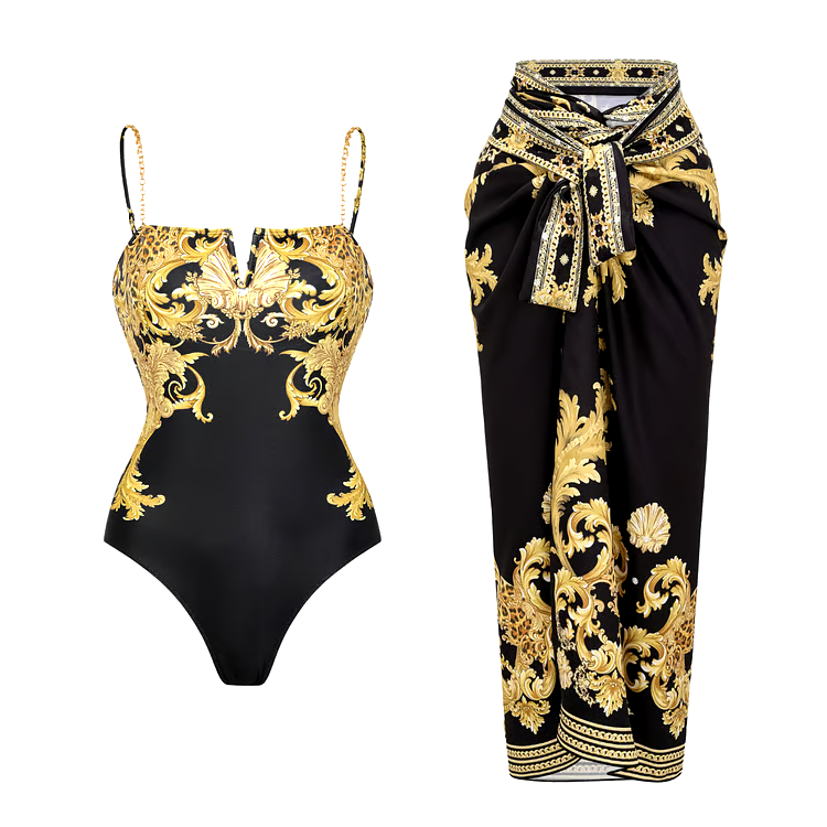 Dbvacay Vintage Baroque Print With Chain One Piece Swimsuit Set Dbvacay Vintage Baroque Print With Chain One Piece Swimsuit Set