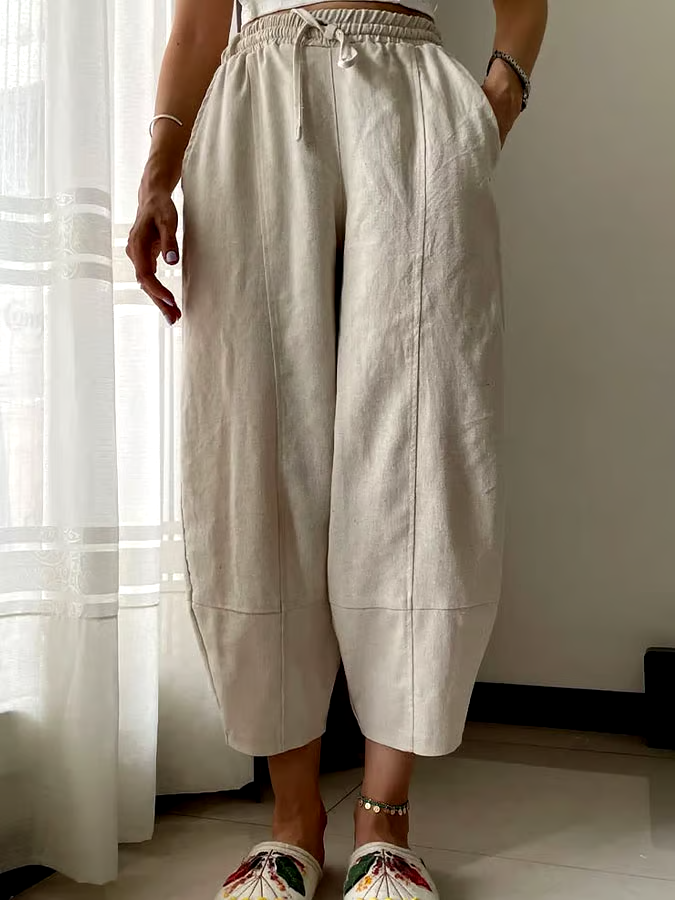 Women's Casual Solid Color Elastic Waist Cotton and Linen Trousers Women's Casual Solid Color Elastic Waist Cotton and Linen Trousers