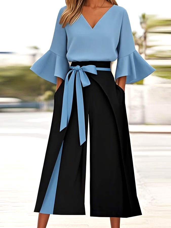 Women'S Casual V-Neck Trumpet Sleeve Contrast Color Two-Piece Suit Women'S Casual V-Neck Trumpet Sleeve Contrast Color Two-Piece Suit