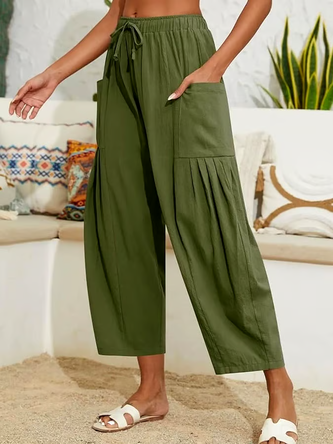 Women's Casual Solid Color Elastic Waist Pleated Cotton and Linen Trousers Women's Casual Solid Color Elastic Waist Pleated Cotton and Linen Trousers