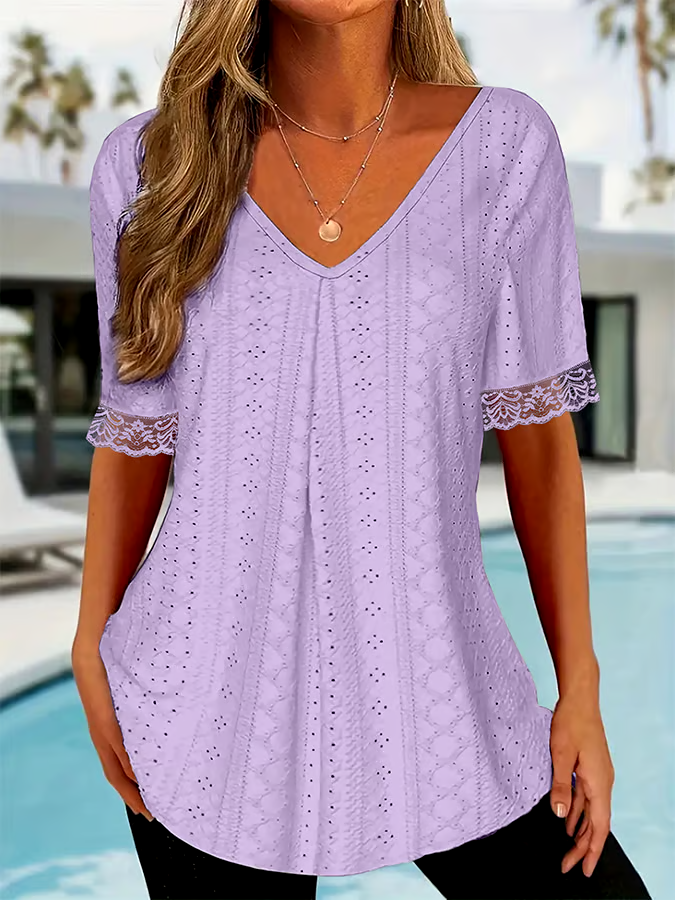 Women's solid color V-neck loose short-sleeved pleated T-shirt Women's solid color V-neck loose short-sleeved pleated T-shirt