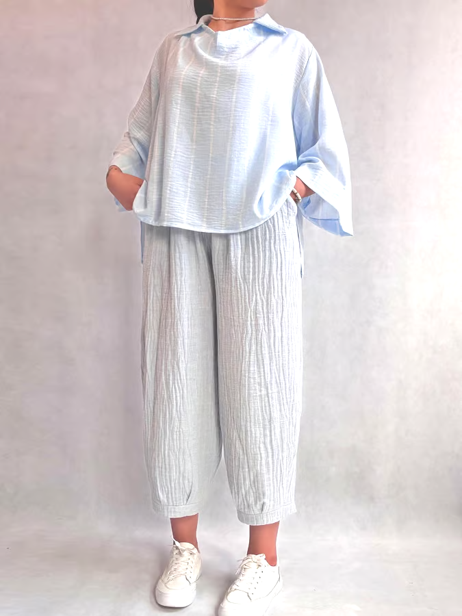Women's Casual Striped Lapel Top and Pleated Pants Set Women's Casual Striped Lapel Top and Pleated Pants Set
