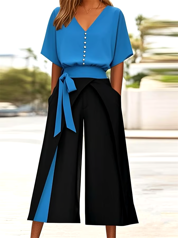 Women's Casual V-Neck Button Contrast Color Two-Piece Set Women's Casual V-Neck Button Contrast Color Two-Piece Set