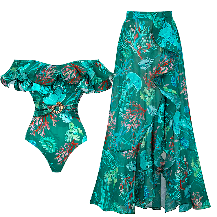 Removable Shoulder Strap Off Shoulder Marine Organism One Piece Swimsuit Set Removable Shoulder Strap Off Shoulder Marine Organism One Piece Swimsuit Set