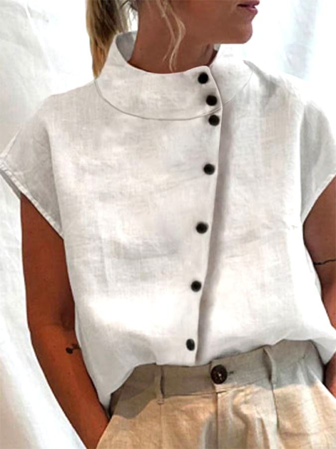 Summer Women's Cotton&Linen High Collar Button Short Sleeve Shirt Summer Women's Cotton&Linen High Collar Button Short Sleeve Shirt