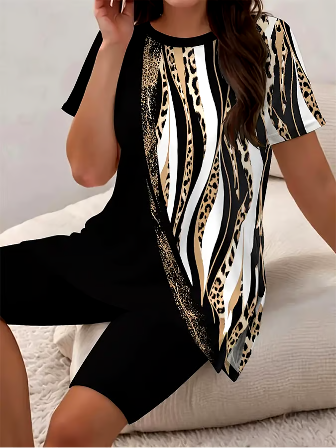 Women'S Casual Round Neck Leopard Print Short-Sleeved T-Shirt Shorts Set Women'S Casual Round Neck Leopard Print Short-Sleeved T-Shirt Shorts Set