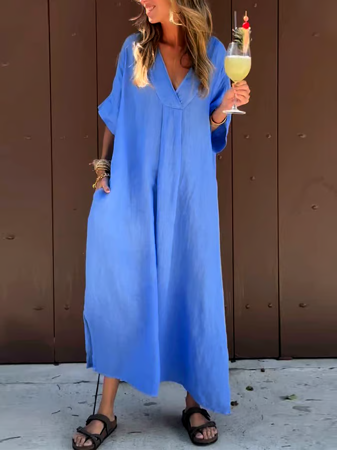Women'S Casual Solid Color Short-Sleeved V-Neck Cotton And Linen Dress Women'S Casual Solid Color Short-Sleeved V-Neck Cotton And Linen Dress