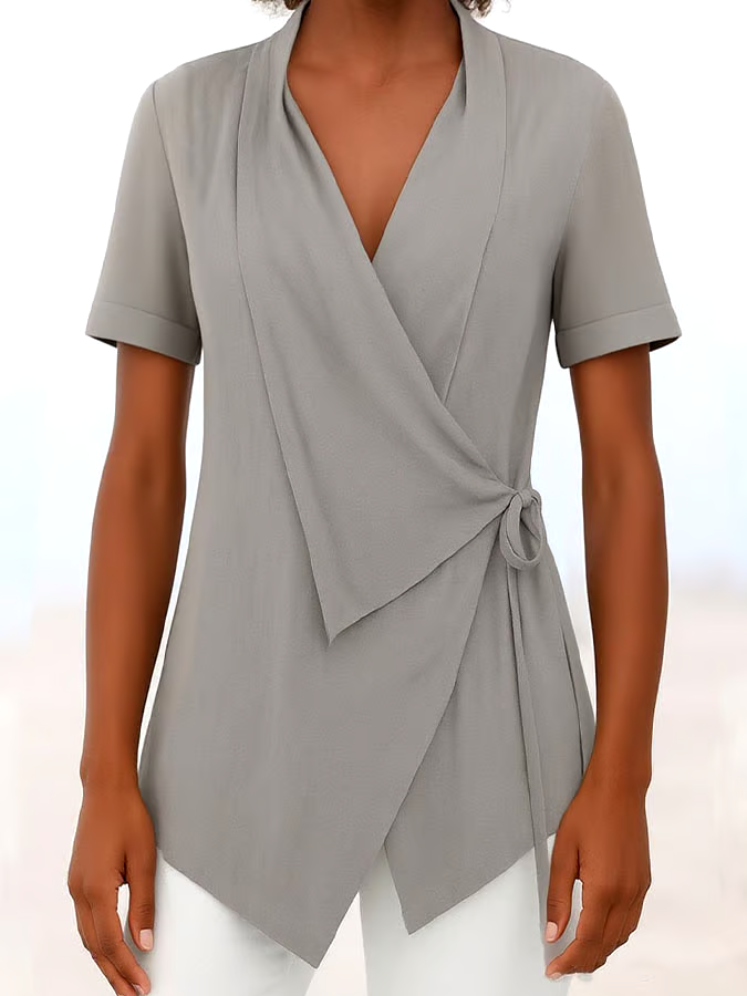 Women's Casual Solid Color Lapel Short Sleeve Lace-up Cotton and Linen Top Women's Casual Solid Color Lapel Short Sleeve Lace-up Cotton and Linen Top