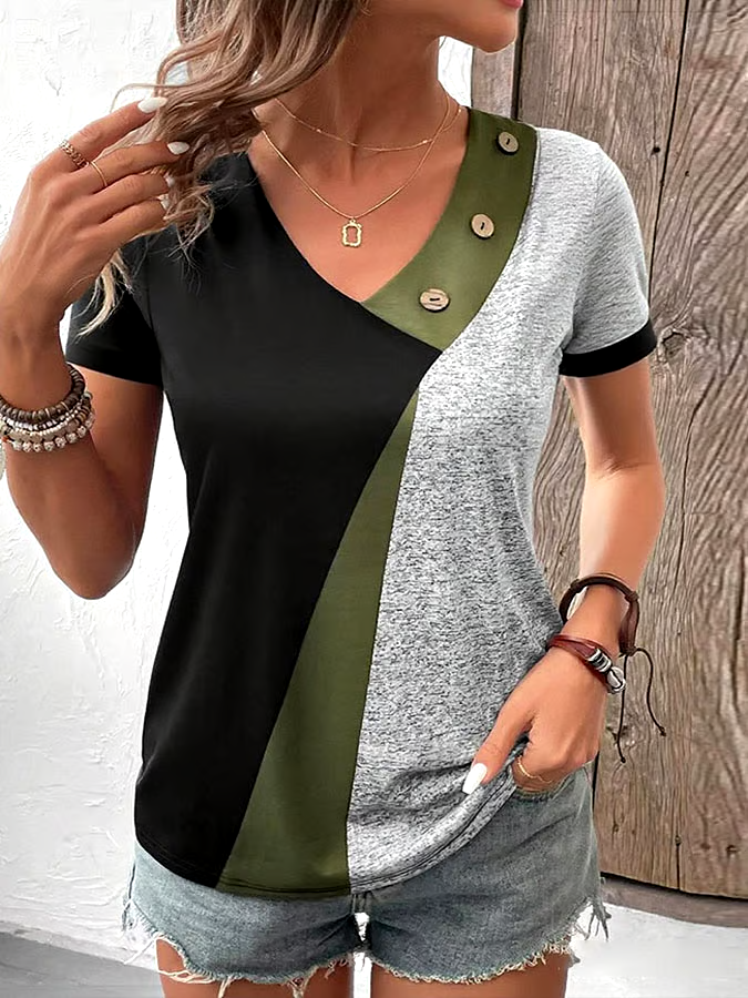 Women's Casual Contrast Color V-Neck Short Sleeve Button Top Women's Casual Contrast Color V-Neck Short Sleeve Button Top