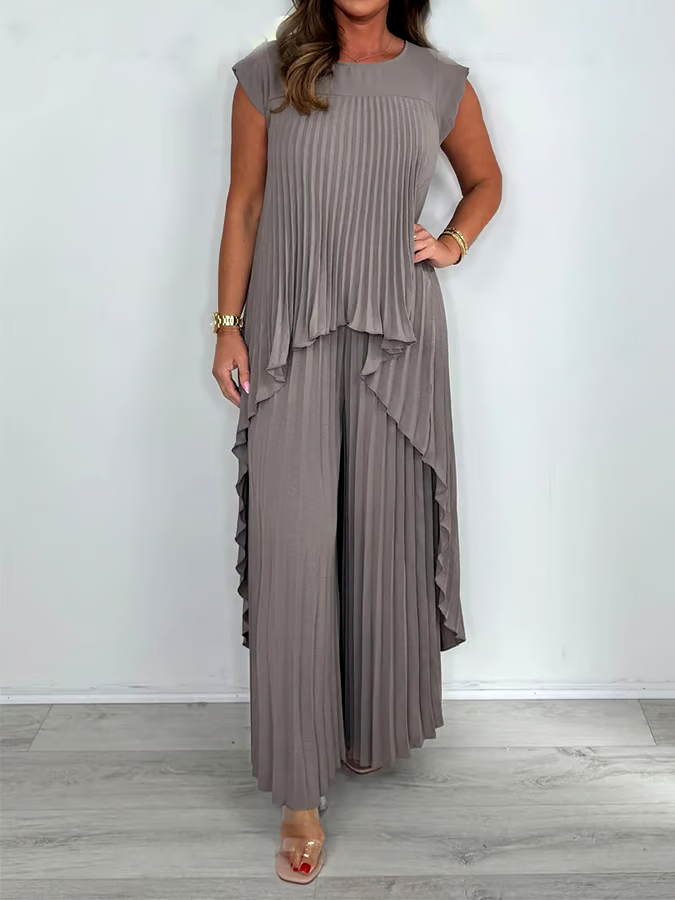 Women'S Solid Color Round Neck Pleated Top Straight Trousers Two-Piece Set Women'S Solid Color Round Neck Pleated Top Straight Trousers Two-Piece Set
