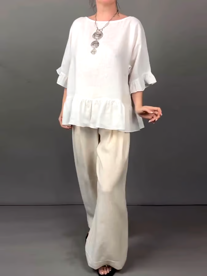Women's Casual Solid Color Ruffled Top Contrast Color Cotton and Linen Two-piece Set Women's Casual Solid Color Ruffled Top Contrast Color Cotton and Linen Two-piece Set