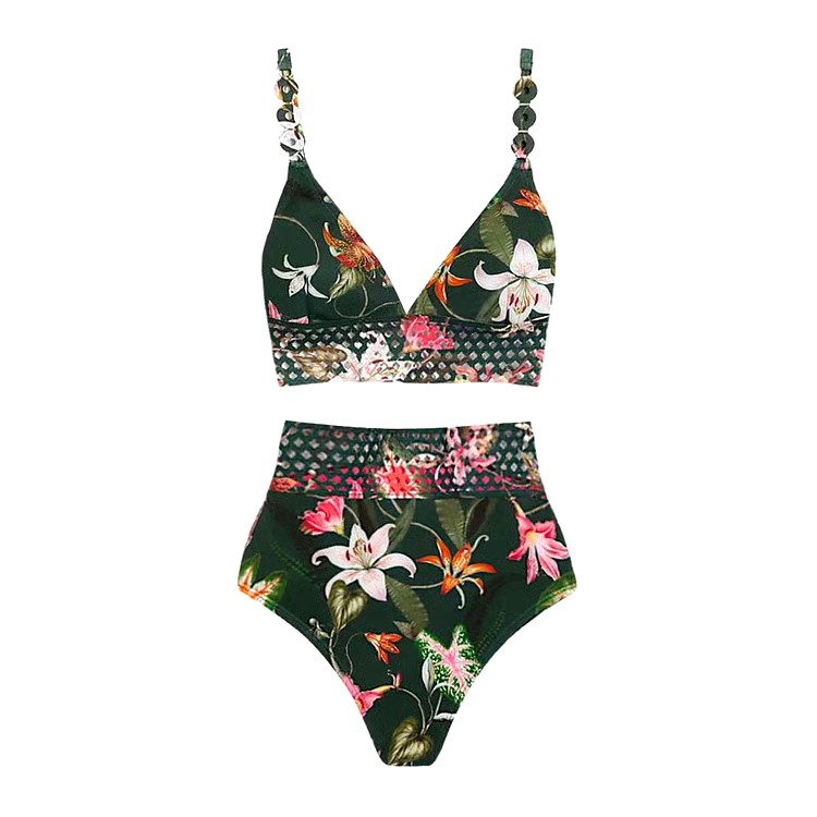 Lily Printed Laser Cut Bikini  Swimsuit Set Lily Printed Laser Cut Bikini  Swimsuit Set