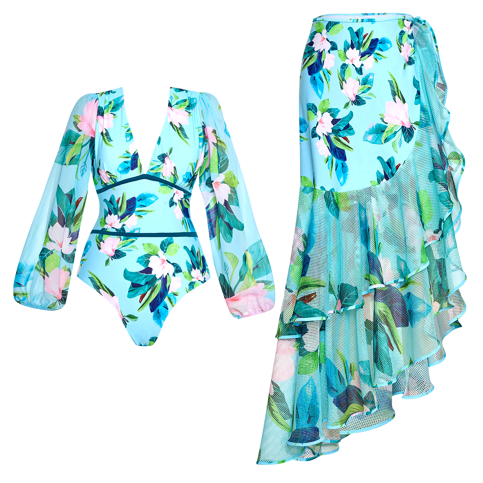 DBVACAY V Neck Floral Printed Long Sleeves Ruffled Wrap Skirt Swimsuit Set DBVACAY V Neck Floral Printed Long Sleeves Ruffled Wrap Skirt Swimsuit Set