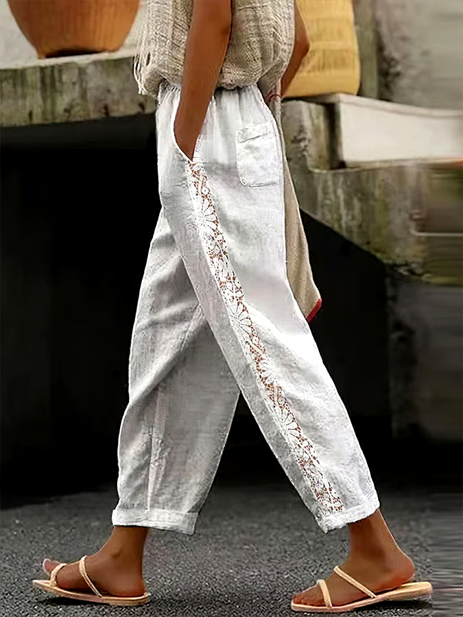 Women's Casual Solid Color Elastic Waist Lace Cotton and Linen Trousers Women's Casual Solid Color Elastic Waist Lace Cotton and Linen Trousers