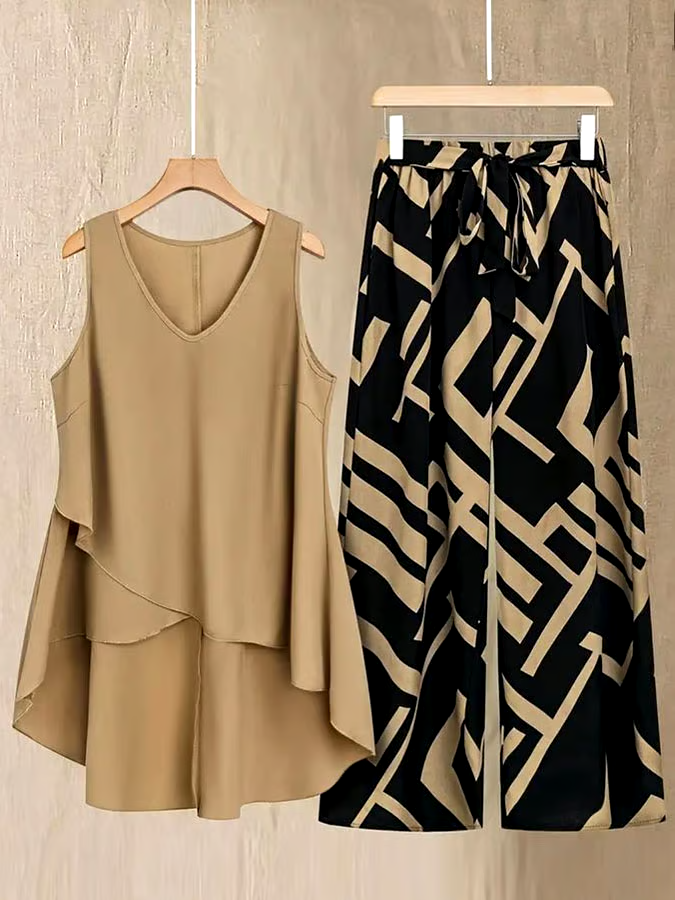 Women'S Casual V-Neck Sleeveless Loose Contrast Color Irregular Hem Vest Trousers Two-Piece Set Women'S Casual V-Neck Sleeveless Loose Contrast Color Irregular Hem Vest Trousers Two-Piece Set