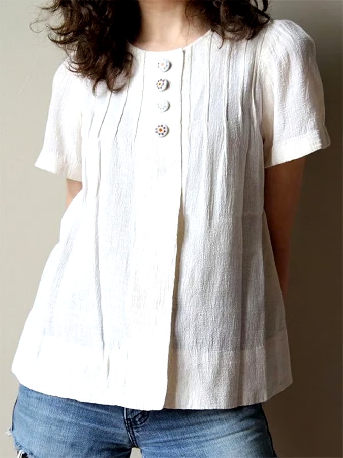 Women's Cotton&Linen Round Neck Pleated T-Shirt Women's Cotton&Linen Round Neck Pleated T-Shirt