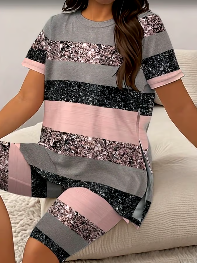 Women's Casual Round Neck Striped  Print Short Sleeve T-Shirt Shorts Set Women's Casual Round Neck Striped  Print Short Sleeve T-Shirt Shorts Set