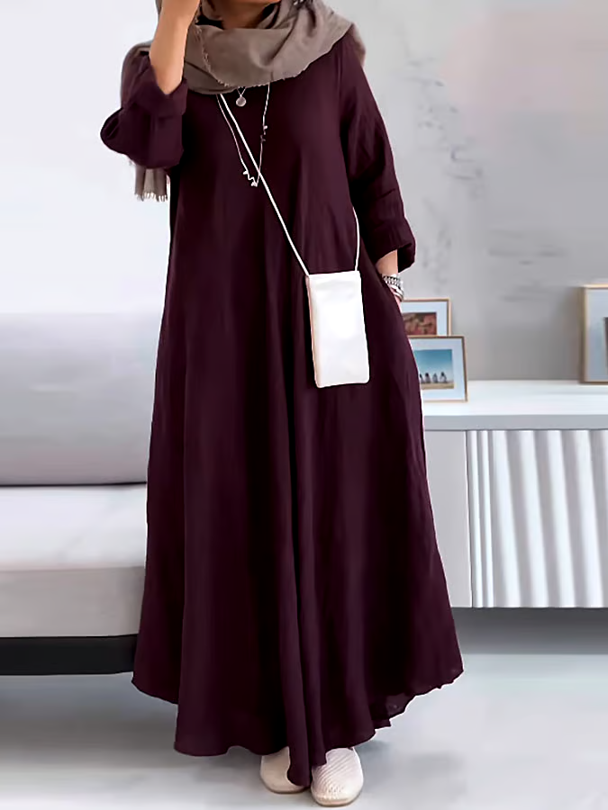 Women's Casual Solid Color V-Neck Long Sleeve Cotton and Linen Dress Women's Casual Solid Color V-Neck Long Sleeve Cotton and Linen Dress