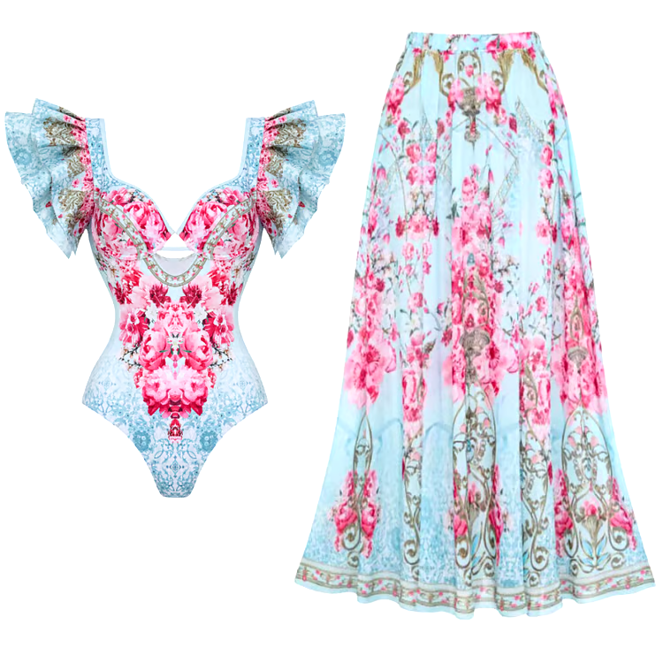 Dbvacay Ruffled Blue  Flowers Print One Piece Swimsuit Set Dbvacay Ruffled Blue  Flowers Print One Piece Swimsuit Set