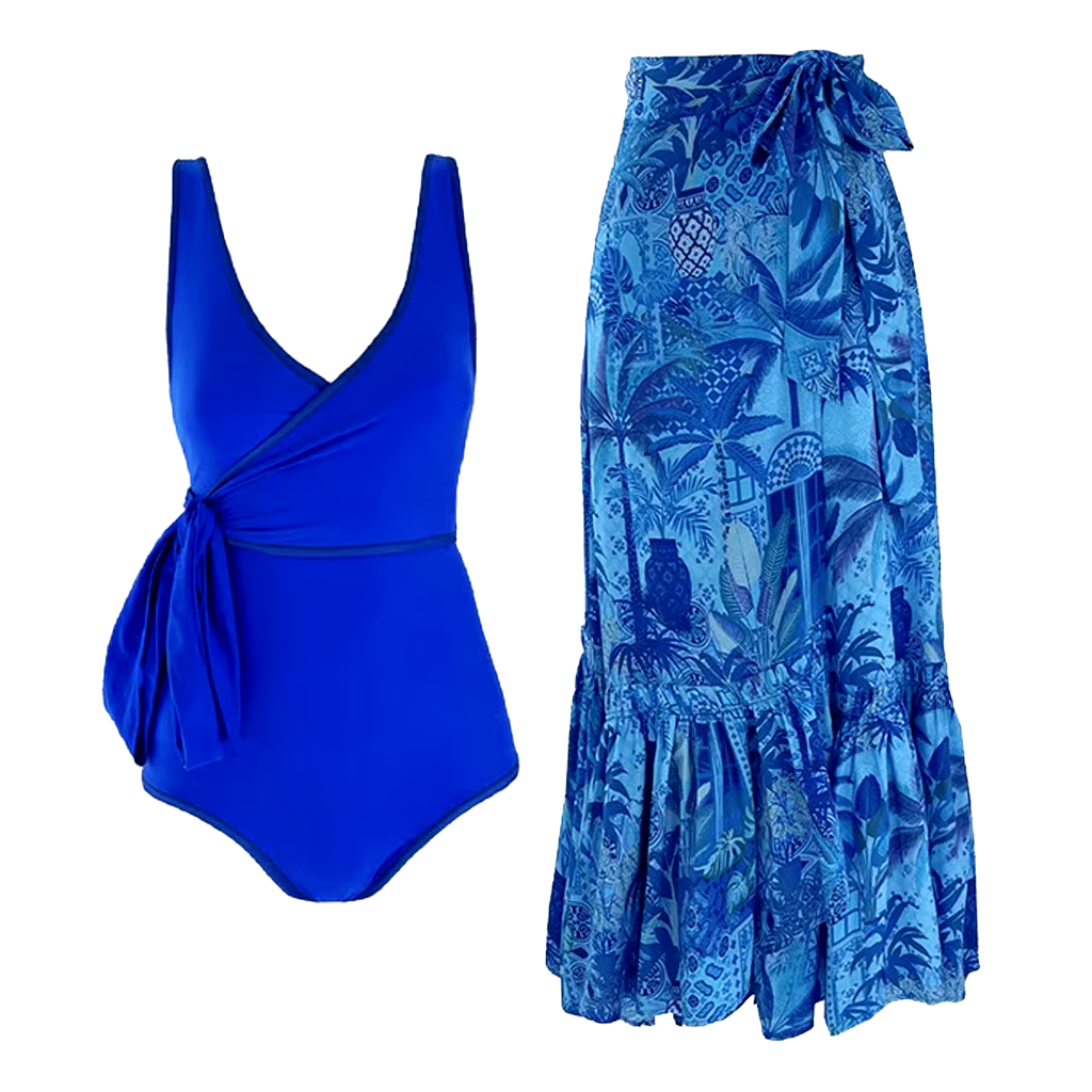 Blue Reversible  One Piece And Sarong Swimsuit Set Blue Reversible  One Piece And Sarong Swimsuit Set