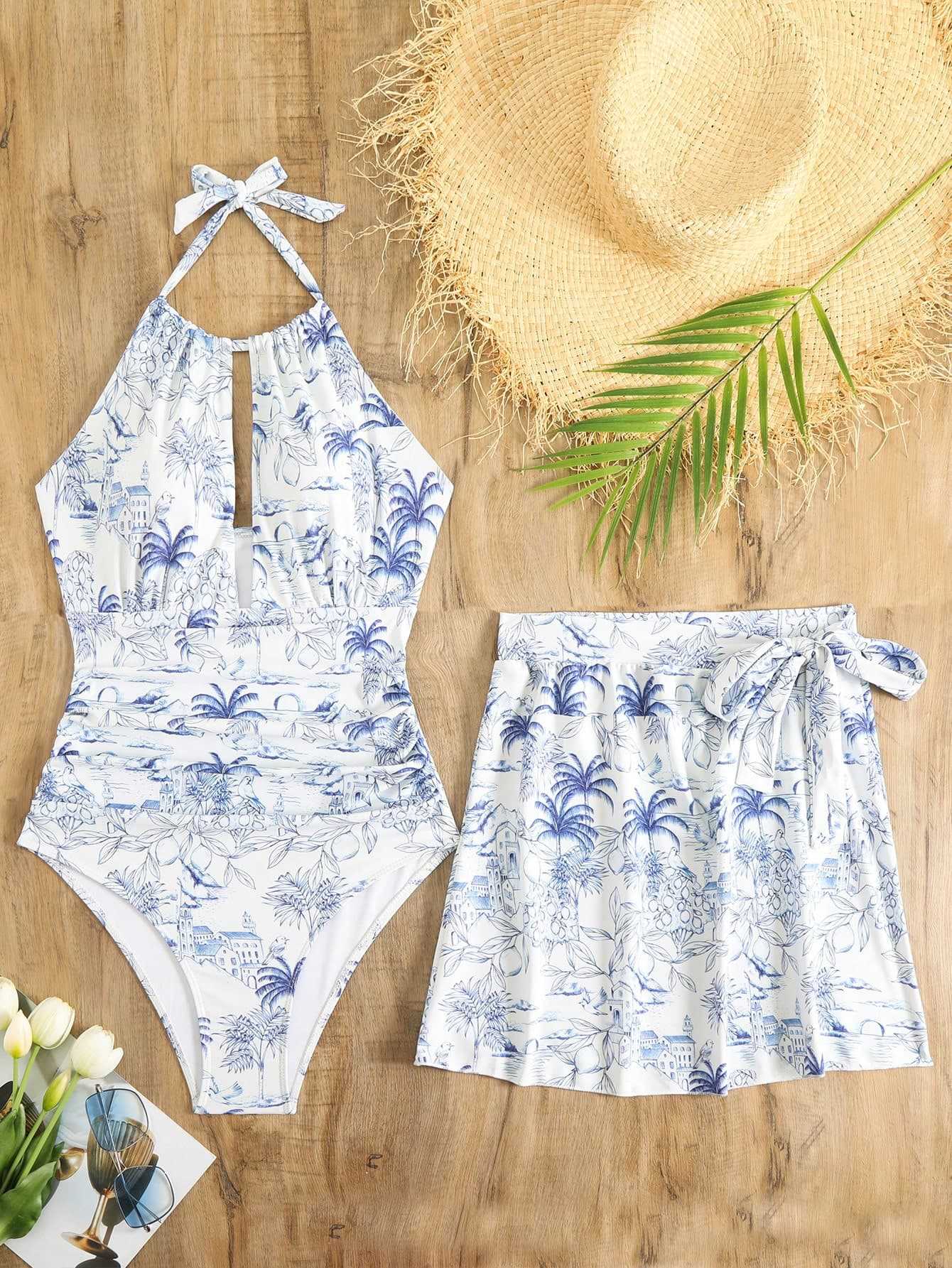 Hollowout Print Two Piece Swimsuit Set Hollowout Print Two Piece Swimsuit Set