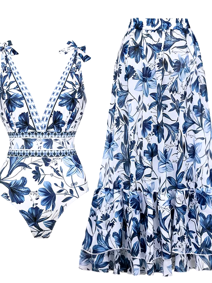 Women'S Floral Print One-Piece Swimsuit And Skirt Women'S Floral Print One-Piece Swimsuit And Skirt