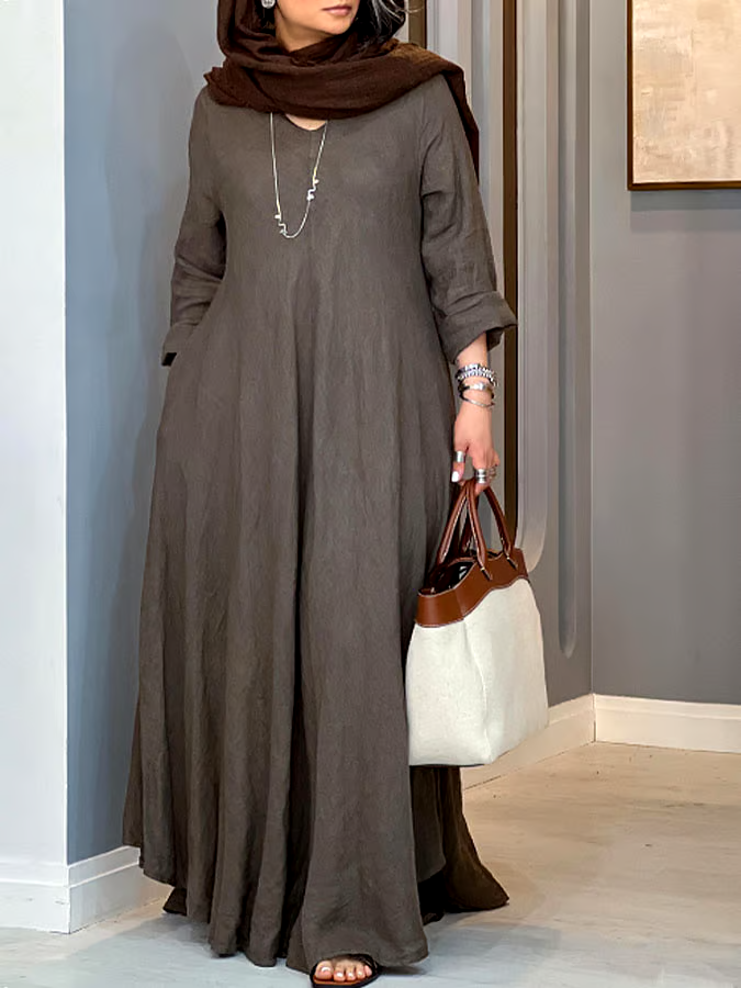 Women's Casual Solid Color V-Neck Long Sleeve Cotton and Linen Dress Women's Casual Solid Color V-Neck Long Sleeve Cotton and Linen Dress