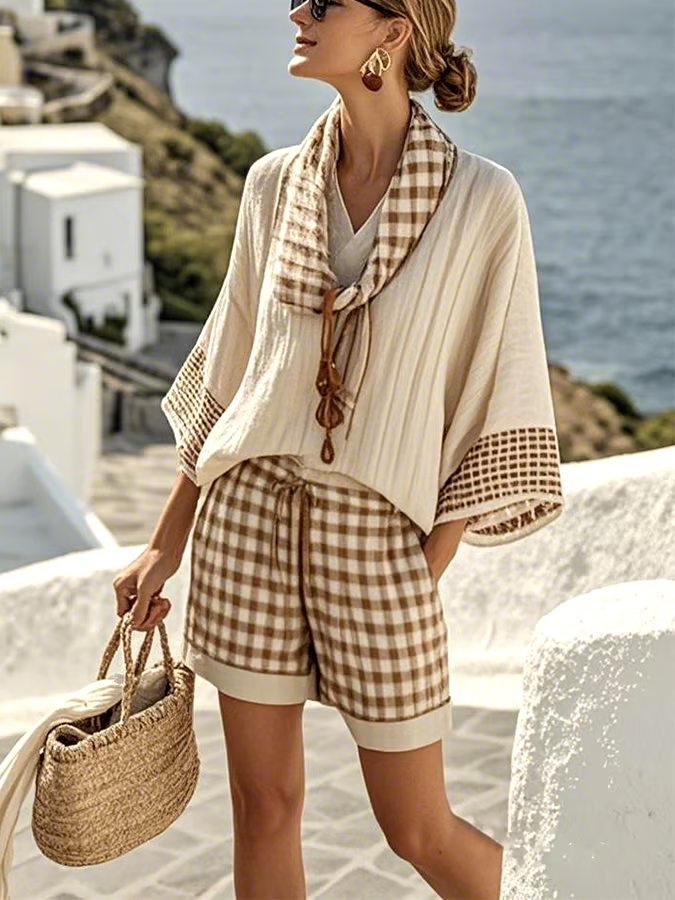 Women'S Loose Striped Scarf Holiday Shorts Set Women'S Loose Striped Scarf Holiday Shorts Set