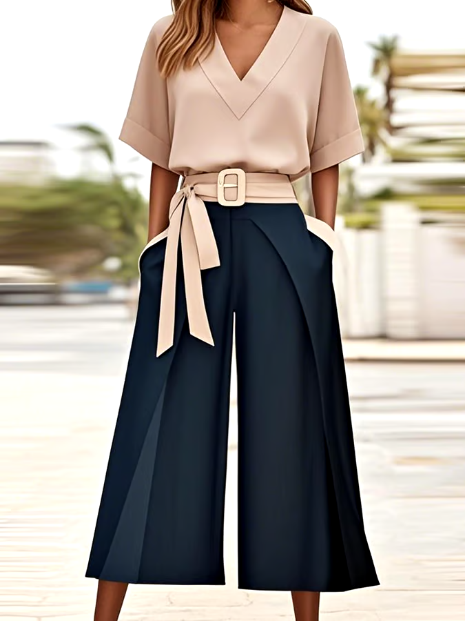 Women'S Casual V-Neck Contrast Color Two-Piece Suit Women'S Casual V-Neck Contrast Color Two-Piece Suit
