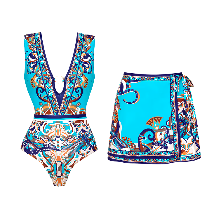 V Neck Print Mini Skirt Swimsuit Set V Neck Print Mini Skirt Swimsuit Set
