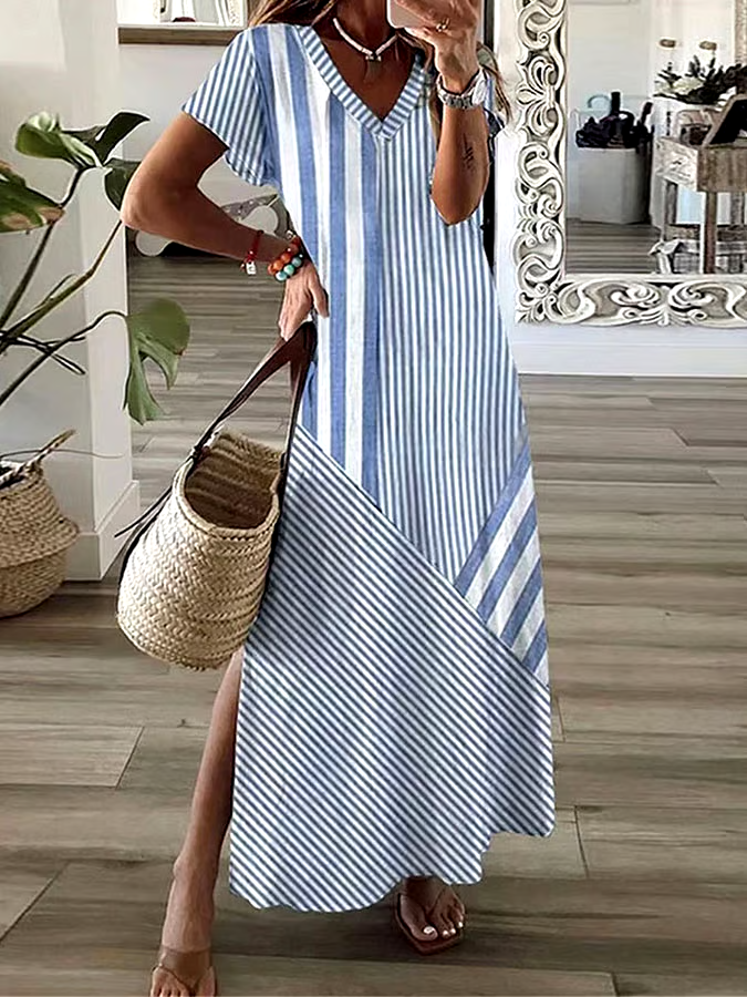 Women's Casual V-Neck Short Sleeve Striped Print Dress Women's Casual V-Neck Short Sleeve Striped Print Dress