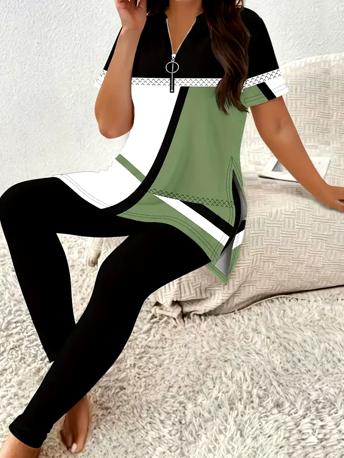Women'S Casual Color Block Graphic Print Zip-Up Top And Pants Set Women'S Casual Color Block Graphic Print Zip-Up Top And Pants Set