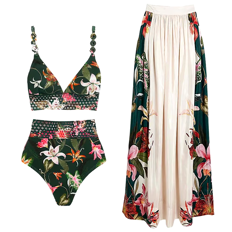 Lily Printed Laser Cut Bikini  Swimsuit Set Lily Printed Laser Cut Bikini  Swimsuit Set