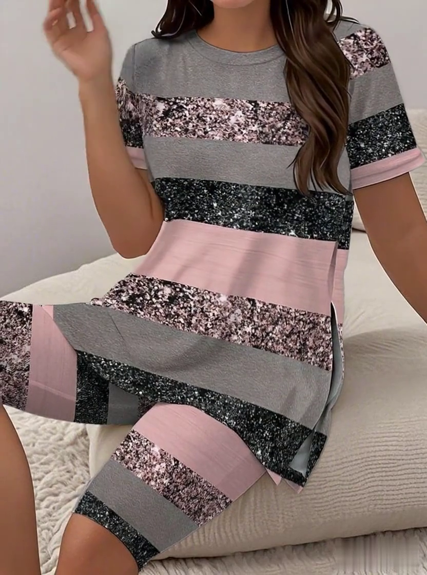 Women's Casual Round Neck Striped  Print Short Sleeve T-Shirt Shorts Set Women's Casual Round Neck Striped  Print Short Sleeve T-Shirt Shorts Set