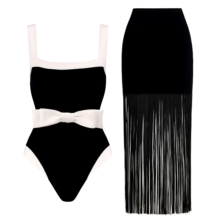 Bowknot Decor Color Block One Piece  Swimsuit Set Bowknot Decor Color Block One Piece  Swimsuit Set