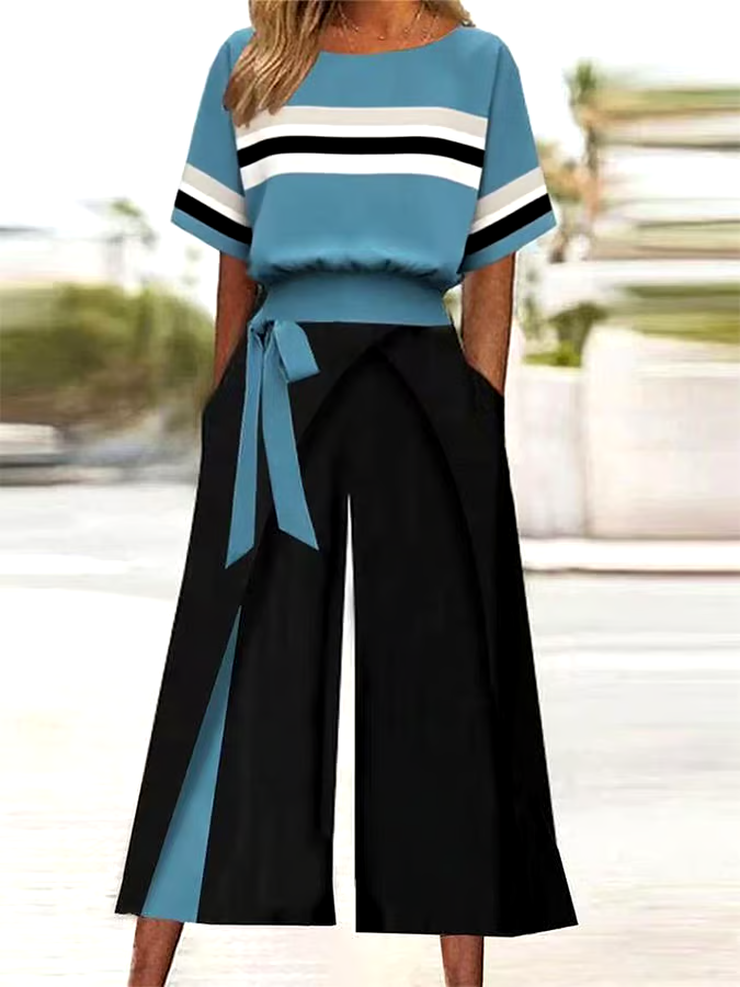 Women's Casual Round Neck Striped Pants Two-Piece Set Women's Casual Round Neck Striped Pants Two-Piece Set