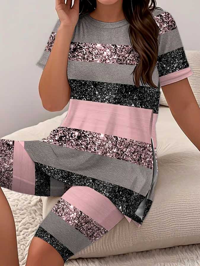 Women's Casual Round Neck Striped  Print Short Sleeve T-Shirt Shorts Set Women's Casual Round Neck Striped  Print Short Sleeve T-Shirt Shorts Set