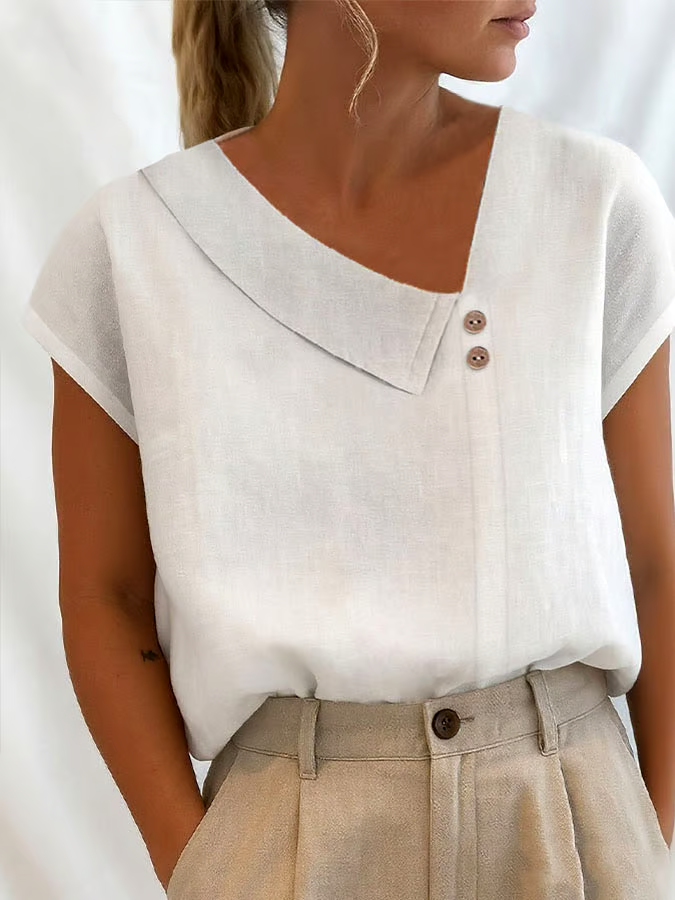 Women's Casual Solid Color V-Neck Short Sleeve Cotton and Linen Button Top Women's Casual Solid Color V-Neck Short Sleeve Cotton and Linen Button Top